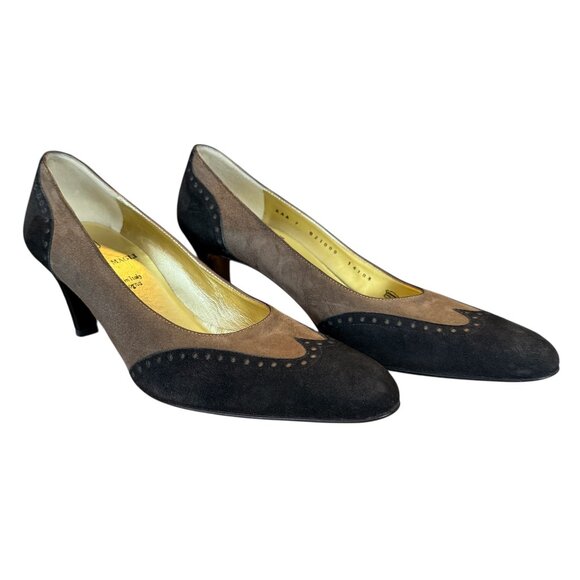 Bruno Magli brown and black suede heels pumps with gold interior women's size 7 - Picture 1 of 9